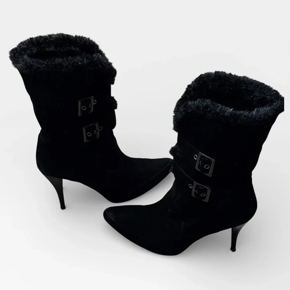 Colin Stuart Sz 8 1/2‎ Black suede faux Fur-Lined Women's stiletto Boots pointed